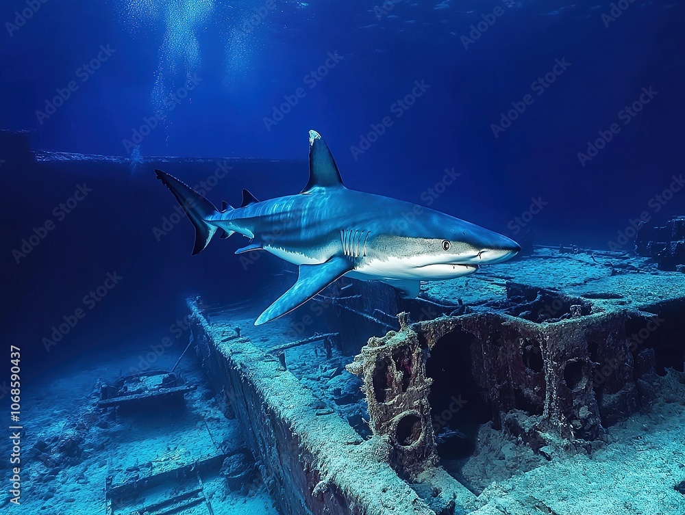 Naklejka premium Shark swimming near underwater shipwreck in ocean depths.
