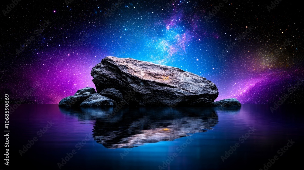 Night Sky with Milky Way Galaxy over Rocks and Water Reflection