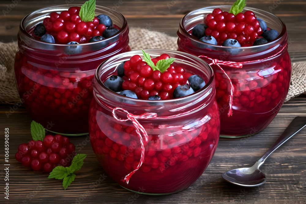 Photo Red Berries Blueberry Mint Jelly Dessert Jars Wooden Table Photo Red Berries Blueberry Mint Jelly Dessert Jars Wooden Table