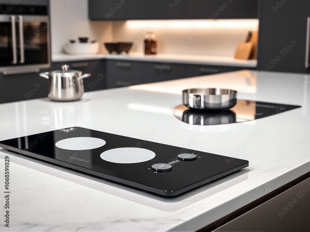 Modern kitchen countertop with sleek induction cooktop and stainless steel cookware in a contemporary design Modern kitchen countertop with sleek induction cooktop and stainless steel cookware in a contemporary design