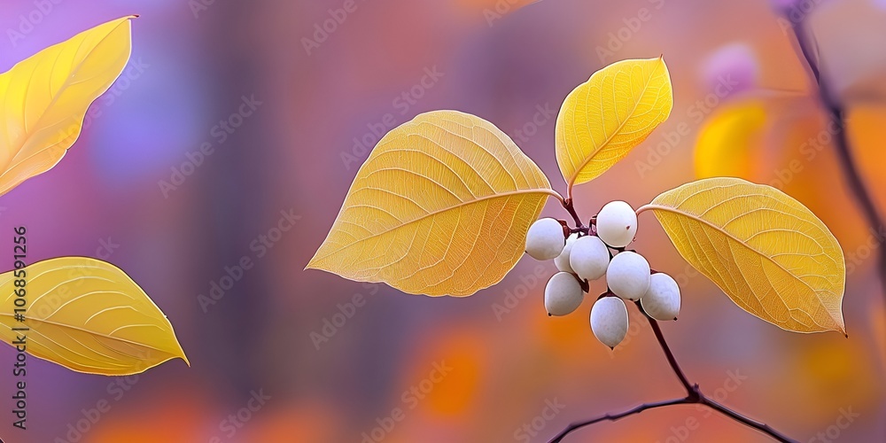 Autumn branch with yellow leaves and white berries on blurred background Autumn branch with yellow leaves and white berries on blurred background