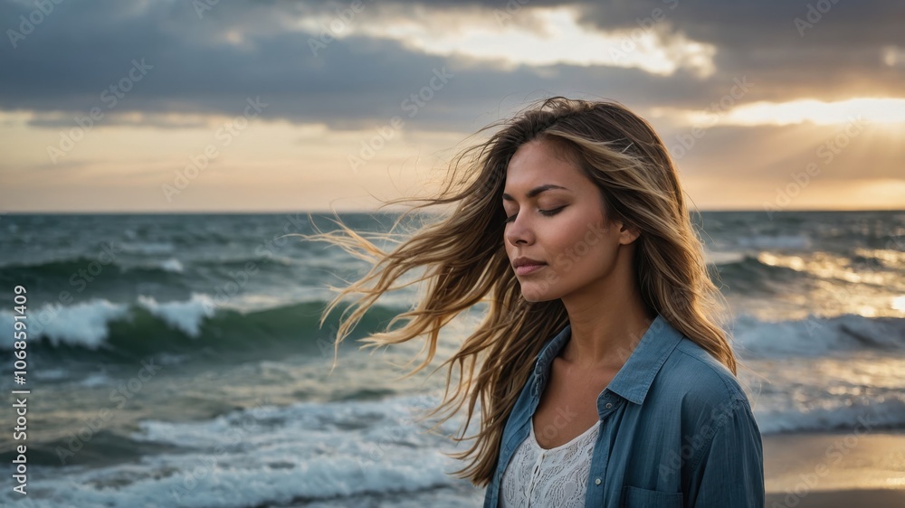 A woman with flowing hair standing by the sea in a winter atmosphere, embracing the cold breeze and ocean view A woman with flowing hair standing by the sea in a winter atmosphere, embracing the cold breeze and ocean view