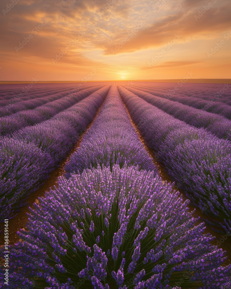 Obraz premium Lavender field at sunset with rows of flowers leading to the horizon.