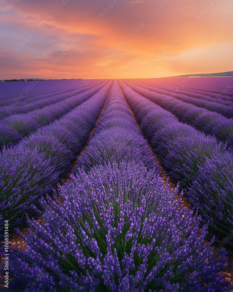 Fototapeta premium Lavender field at sunset with rows of purple flowers.