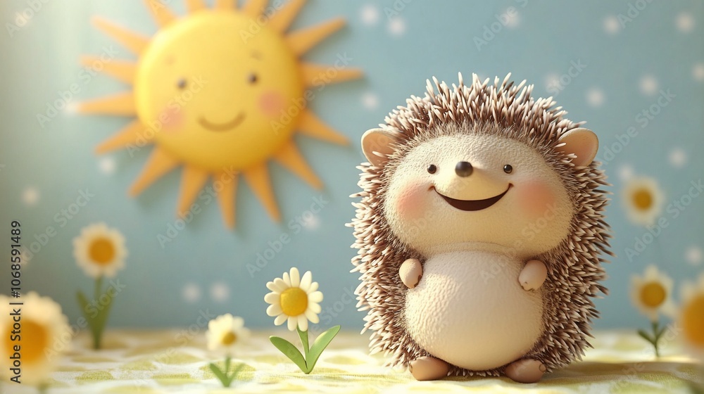 Obraz premium A cheerful hedgehog smiles in a field of daisies with the sun behind him.