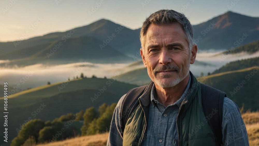 A man standing against the stunning backdrop of snow-capped mountains, enjoying the natural beauty and peaceful scenery A man standing against the stunning backdrop of snow-capped mountains, enjoying the natural beauty and peaceful scenery