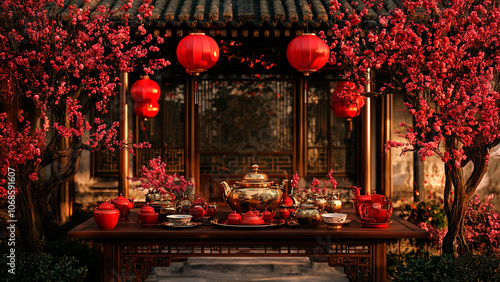 Elegant tea table setup with traditional Japanese tea ware and red decorations photo