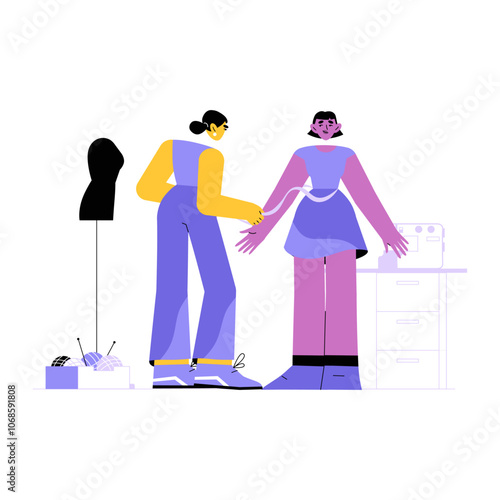 Female Fashion Designer Taking Measurements In Flat Vector Illustration Symbolizing Fashion Design, Tailoring, And Creativity, Isolated On White Background.