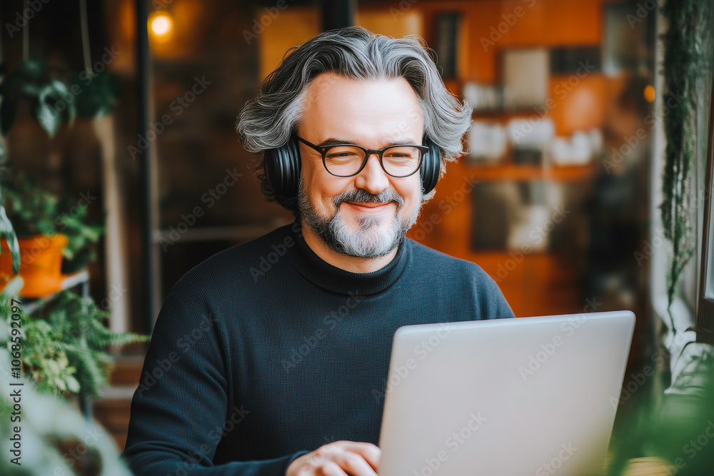 A man wearing glasses and headphones is sitting at a table with a laptop A man wearing glasses and headphones is sitting at a table with a laptop