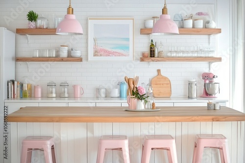 White Kitchen With Pink Accents and a Wooden Countertop photo