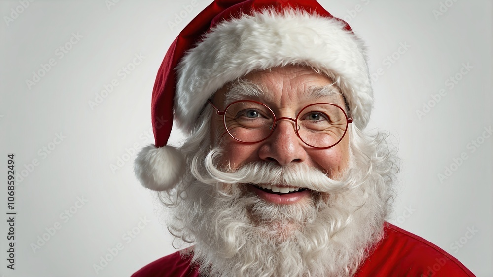 Naklejka premium Close-up of Santa Claus smiling, showing his white beard and red hat isolated on white solid background