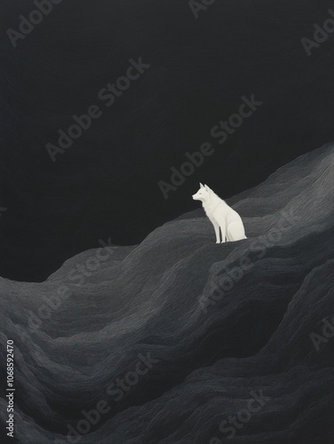 White wolf standing at the edge of an abyss in a surreal theme photo