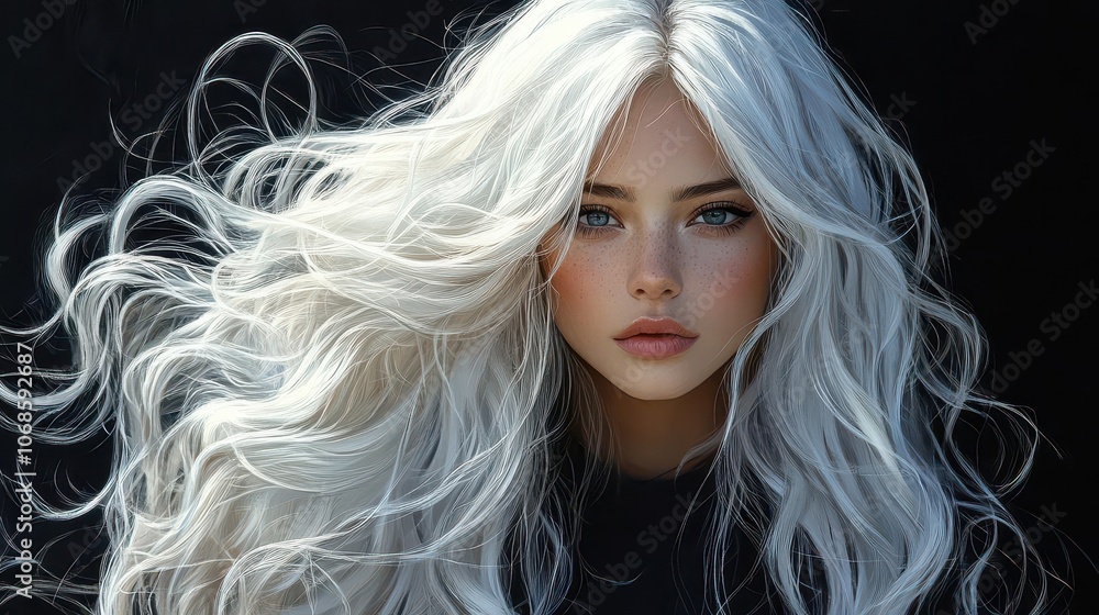 gorgeous girl with long, glossy wavy white hair stands out against a deep black background, radiating beauty and allure in a captivating digital painting gorgeous girl with long, glossy wavy white hair stands out against a deep black background, radiating beauty and allure in a captivating digital painting