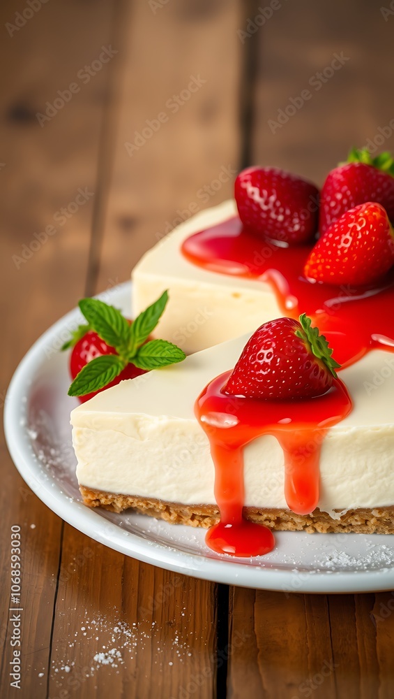 Delicious Cheesecake Topped with Vibrant Red Strawberries and berries Delicious Cheesecake Topped with Vibrant Red Strawberries and berries