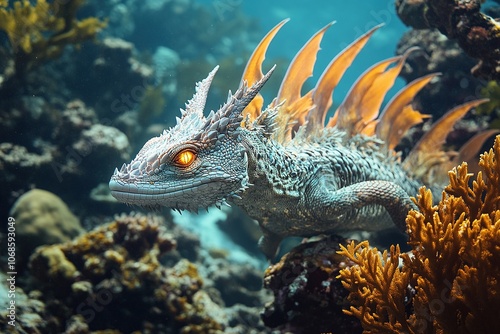 Realistic dragon-like creature underwater with coral.