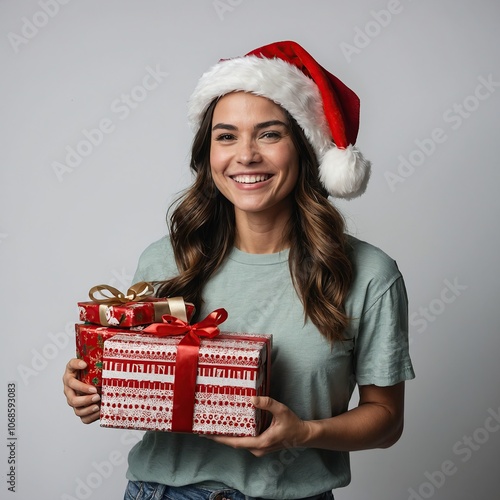 Smiling woman wearing a Santa hat holding a stack of Christmas gifts isolated on white solid background