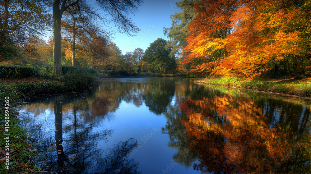 Tranquil autumn scene with colorful trees reflected in a still lake. Tranquil autumn scene with colorful trees reflected in a still lake.