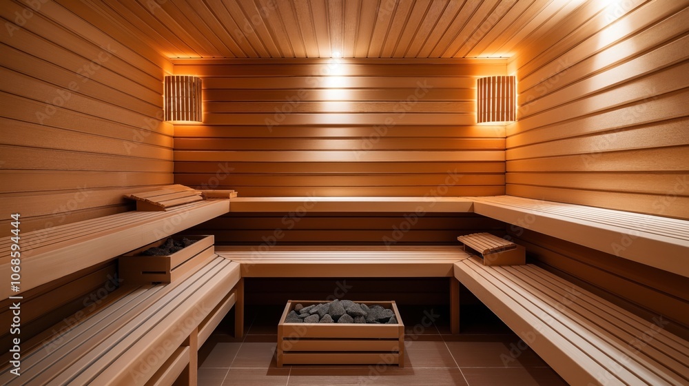 Φωτογραφία Wooden interior of a sauna room with benches, warm lighting, and central stones for steam generation, creating a serene and relaxing environment