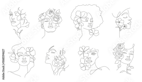 Elegant female faces in line art style with flowers, leaves, boho colors. Continuous line art  for logo, posters, cosmetics, postcards. Set of beautiful women's faces with flowers vector illustration.