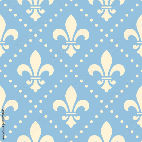 Pale beige fleur de lys on soft pastel blue background. Vector seamless pattern. Best for textile, wallpapers, wrapping paper, package and web design.