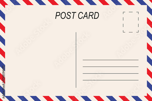 Blank minimalist vintage vector postcard template with red and blue airmail border stripes.