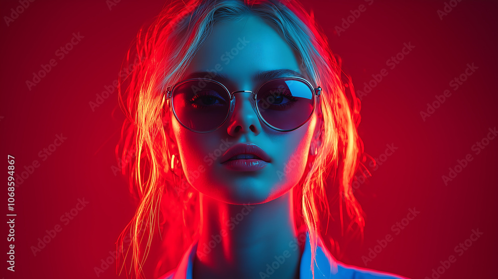 portrait of a woman with blonde hair wearing sunglasses illuminated by red and blue light Her face is the focus of the image against a deep red background portrait of a woman with blonde hair wearing sunglasses illuminated by red and blue light Her face is the focus of the image against a deep red background