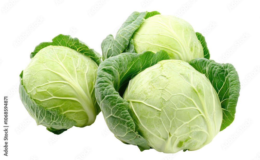 Fototapeta premium Three whole raw and fresh cabbages on transparent background
