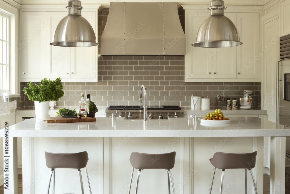 Fototapeta premium Modern Kitchen with Stainless Steel Appliances and White Cabinets