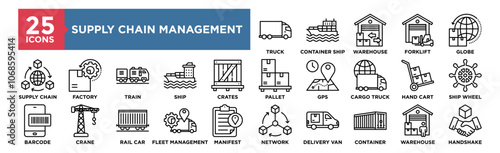Supply Chain Management icon collection set. Containing design management, industry, business, logistics, delivery, technology, supply