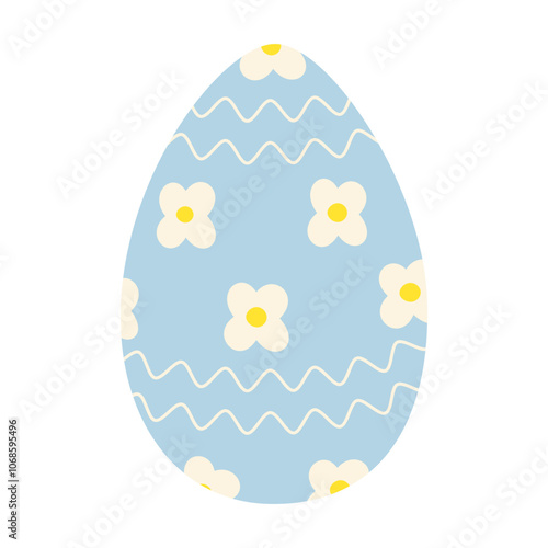 Flower and wavy lines Patterned Easter Egg in trendy soft blue. Ester greetings design element idea