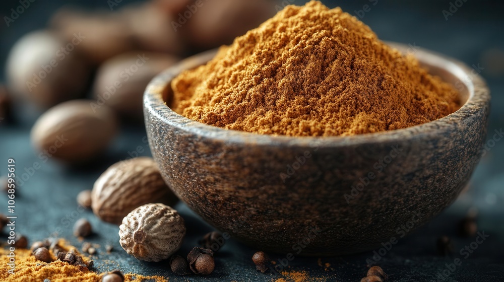 ground nutmeg powder in a rustic bowl alongside whole nutmegs, highlighting the rich textures and warm earthy tones, perfect for culinary inspirations and spice enthusiasts ground nutmeg powder in a rustic bowl alongside whole nutmegs, highlighting the rich textures and warm earthy tones, perfect for culinary inspirations and spice enthusiasts