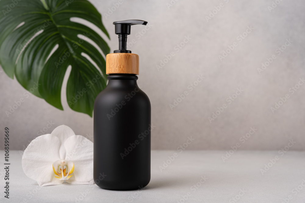 Elegant black soap dispenser with bamboo cap in spa setting Elegant black soap dispenser with bamboo cap in spa setting
