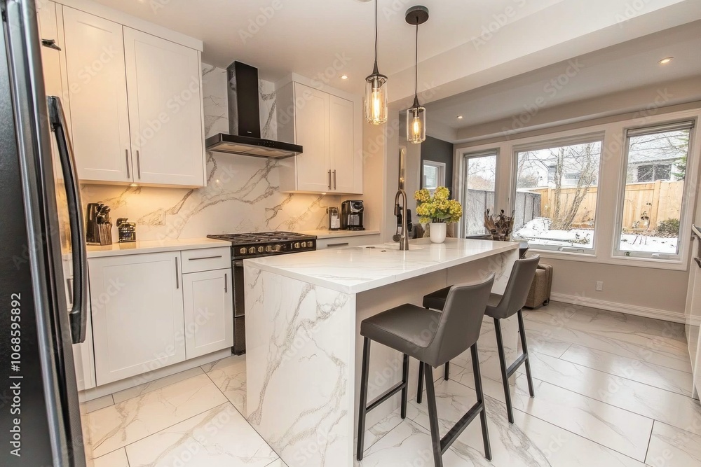 Modern Kitchen with White Cabinets, Marble Countertops, and a Kitchen Island Modern Kitchen with White Cabinets, Marble Countertops, and a Kitchen Island