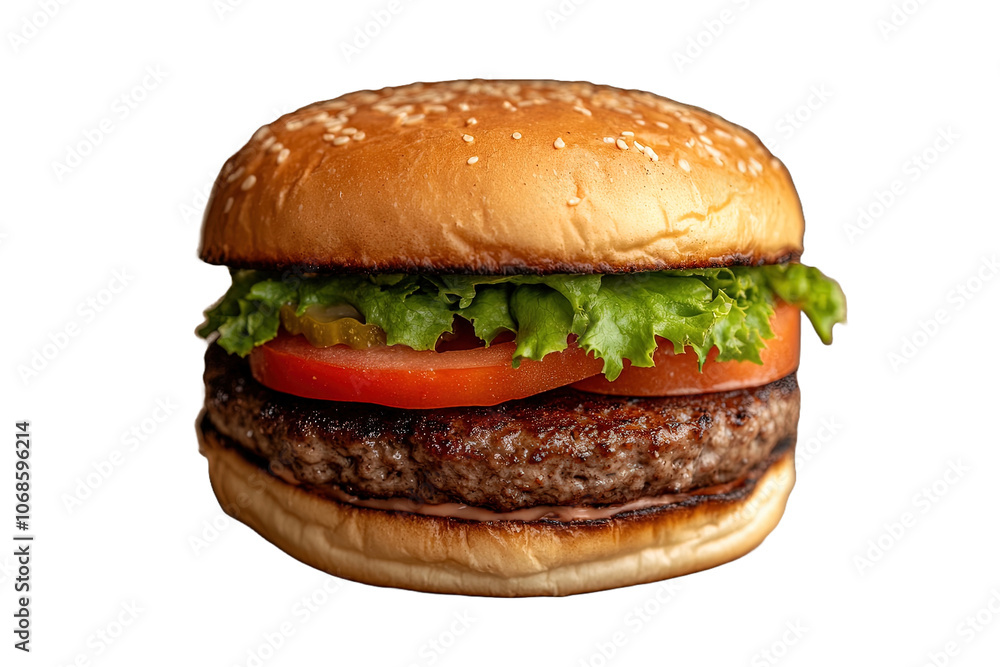 Juicy Hamburger With Fresh Lettuce and Tomato on a Sesame Seed Bun, Presented on a White Background Juicy Hamburger With Fresh Lettuce and Tomato on a Sesame Seed Bun, Presented on a White Background