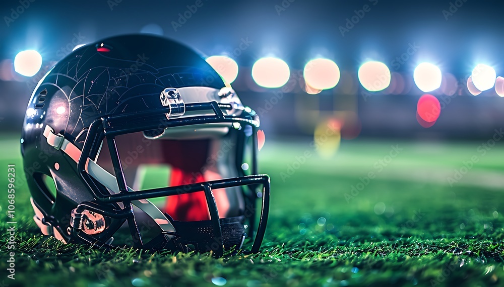 Fototapeta premium A close-up of a football helmet resting on a green turf field with stadium lights illuminating the background emphasizing the intensity and preparation of the game