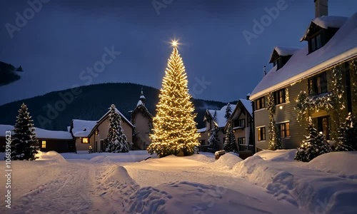 A snowy village street at night with a large, illuminated Christmas tree in the center.