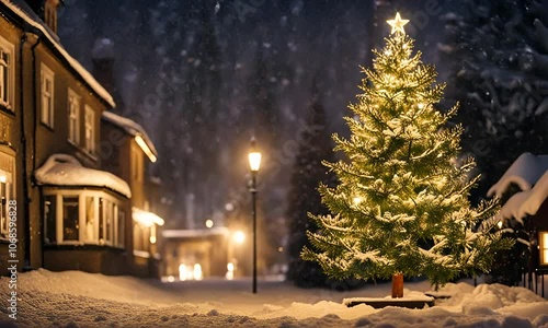 A snow covered Christmas tree with lights on a snowy night in front of a blurred house.