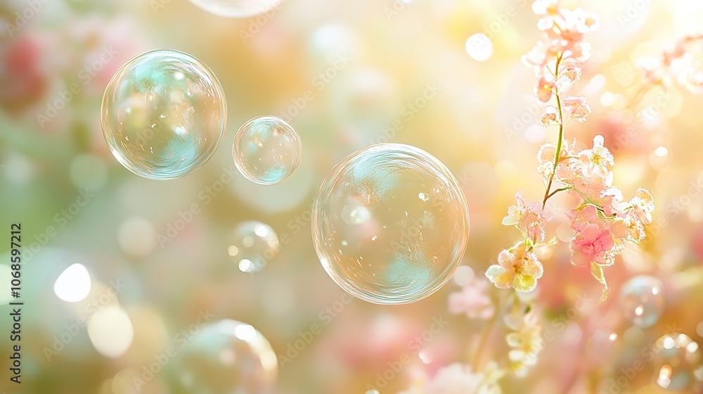 Floating bubbles with spring flowers in soft focus background Floating bubbles with spring flowers in soft focus background