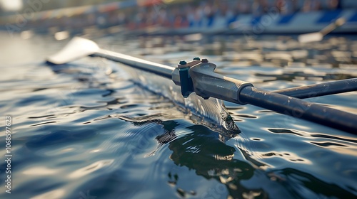 A close-up of a rowing boat oar slicing through the water with ripples and a racecourse in the background highlighting the strength and teamwork of the sport