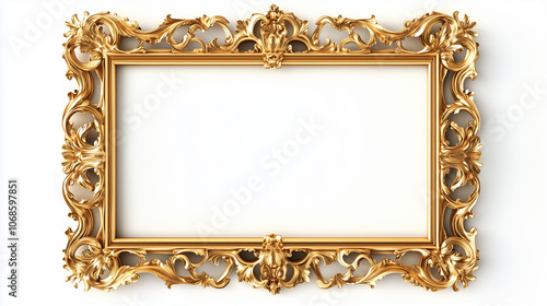 Ornate golden picture frame with intricate detailing on a white background, symbolizing elegance, luxury, and classic art.