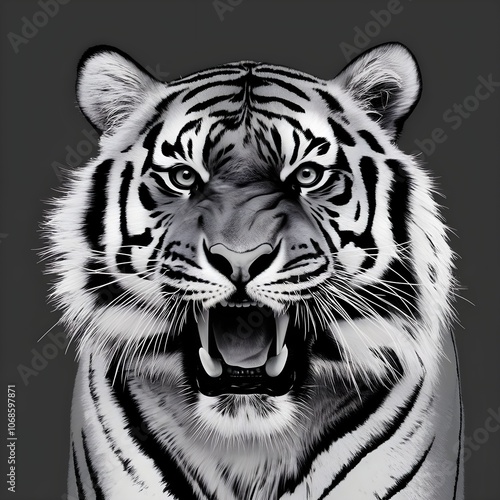 white ink pen line art tracing of a bold and menacing male tiger face roaring.