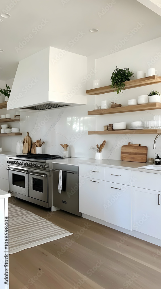 Modern Scandinavian Kitchen with Minimalist Design, White Cabinets, Stainless Steel Appliances, and Open Shelving for a Bright and Airy Feel Modern Scandinavian Kitchen with Minimalist Design, White Cabinets, Stainless Steel Appliances, and Open Shelving for a Bright and Airy Feel