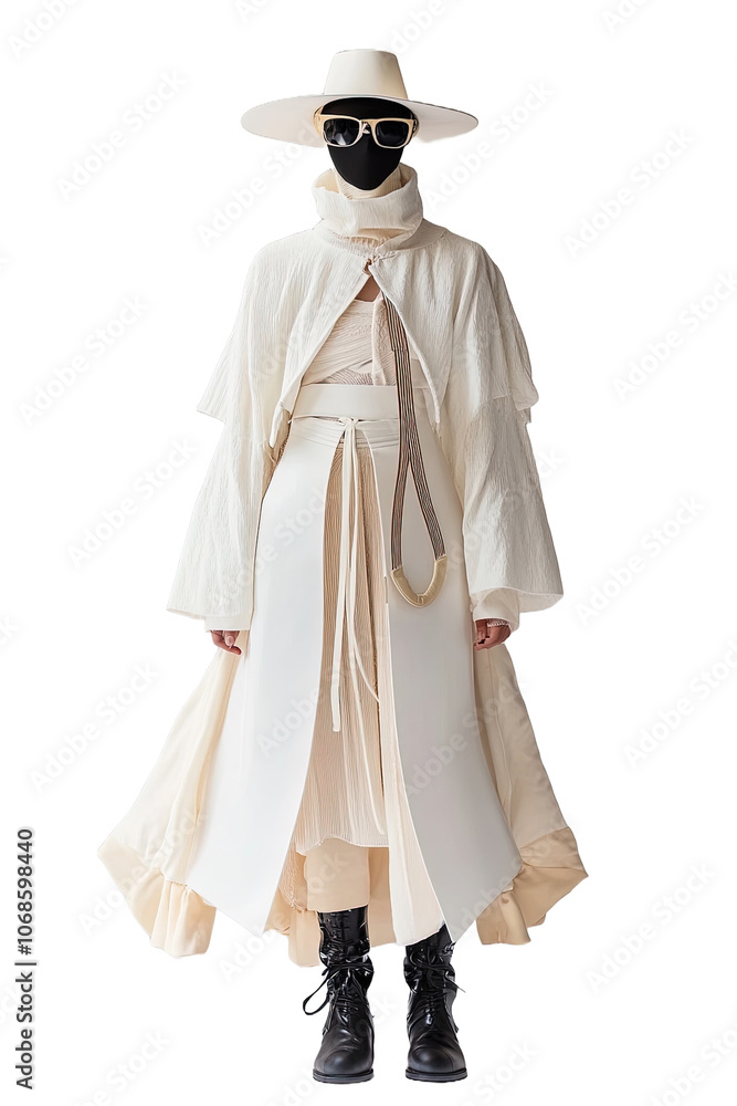 Fashion Model Showcasing Unique White Ensemble With Layered Clothing and Accessories in a Minimalist Studio Fashion Model Showcasing Unique White Ensemble With Layered Clothing and Accessories in a Minimalist Studio