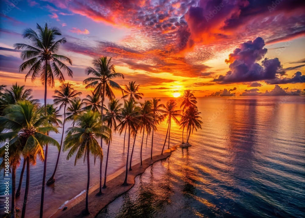 Obraz premium Palm Trees Silhouetted Against a Vibrant Sunset Sky Over Calm Ocean Water - Stunning Aerial View of Tropical Paradise