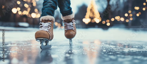 Child enjoying ice skating on christmas day in city centre ice rink