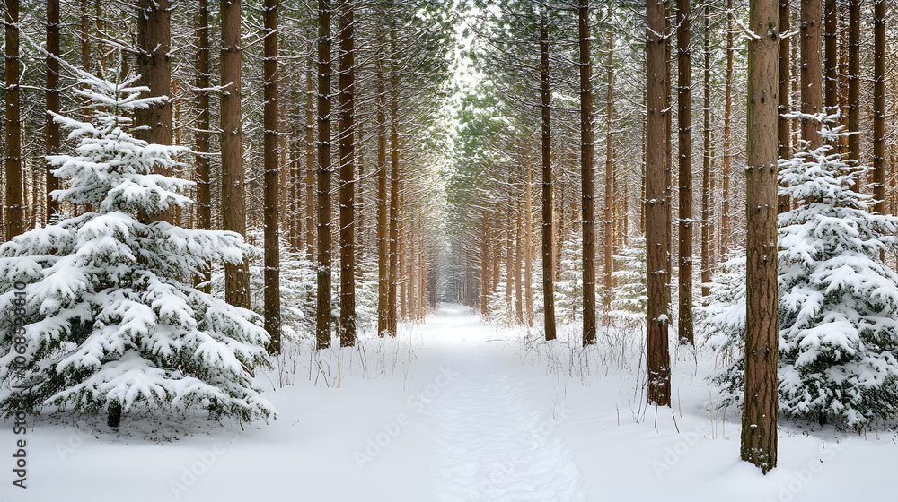 A snowy path winds through a forest of tall pine trees. A snowy path winds through a forest of tall pine trees.