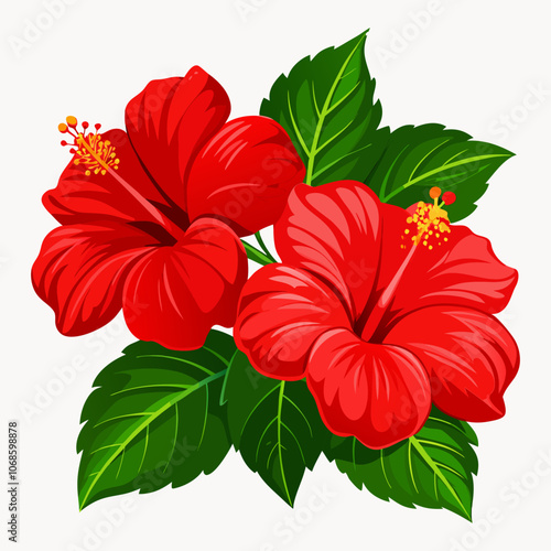 Vector illustration of a beautiful Hawaiian tropical flower set featuring colorful red hibiscus flowers and green leaves, with realistic outlines and icons showcasing creamy red and yellow.