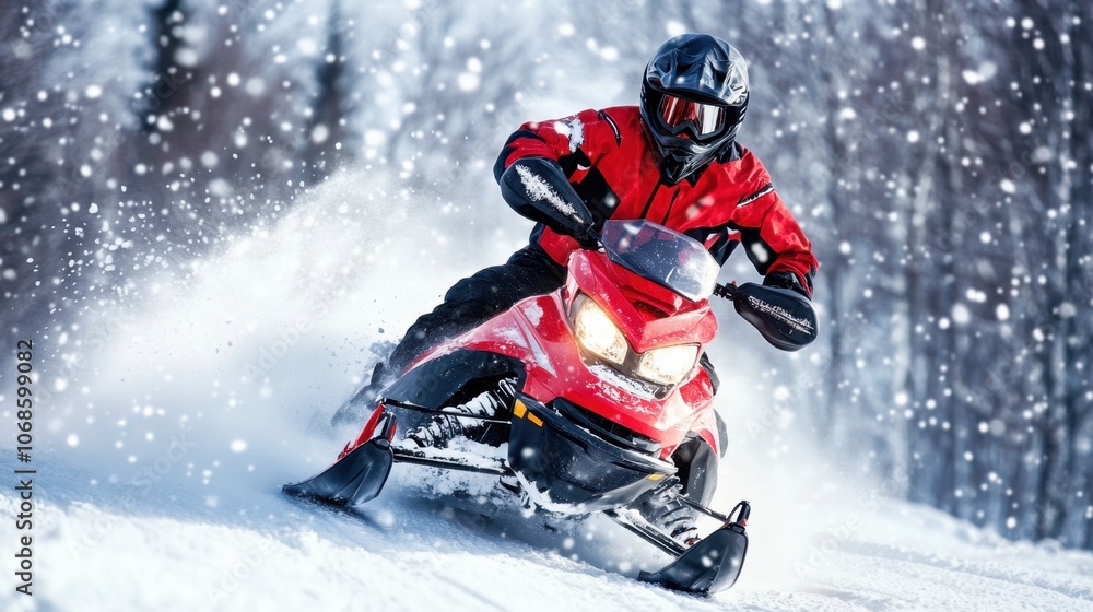 Professional snowmobiler riding fast in snowy forest trail Professional snowmobiler riding fast in snowy forest trail