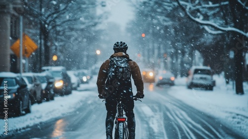 Cyclist riding bike on snowy city street in winter
