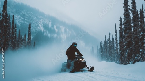 Snowmobiler riding through snowy forest trail in winter mountains